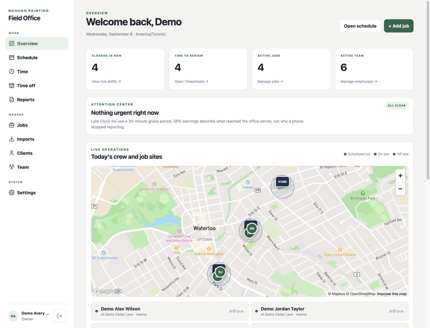 Actual Field Office Dashboard, showing active jobs, crew activity and scheduled job sites on a map with demo data.