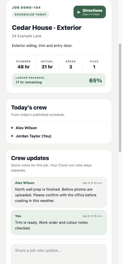 Field Jobs showing the assigned job, labour hours and crew on one scrolling page.