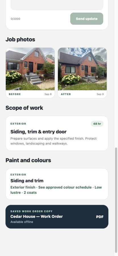 Field job page showing real before and after reference photos, scope, colour notes and saved work order.