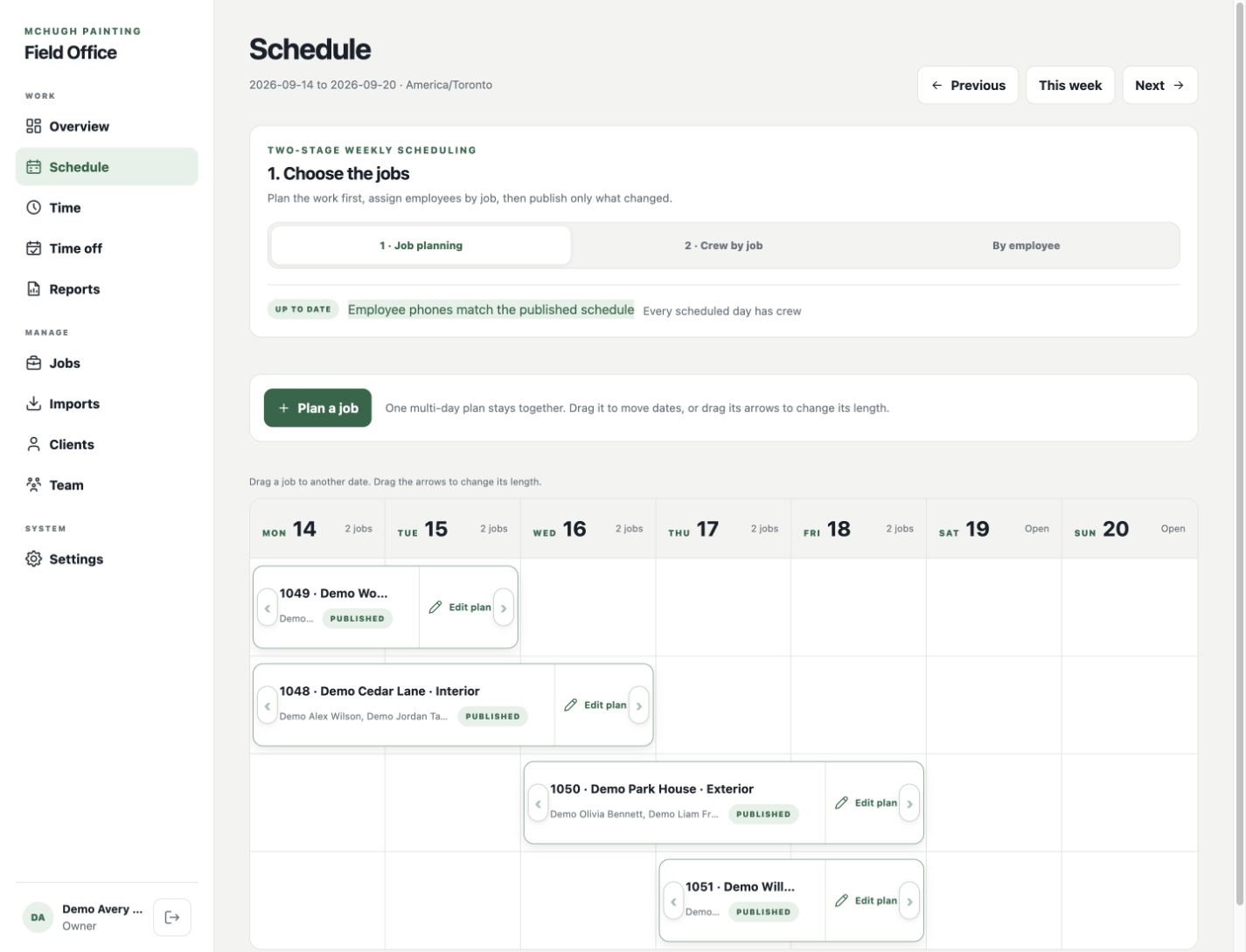 Actual Field Office Schedule, showing job planning and published crew assignments with demo data.