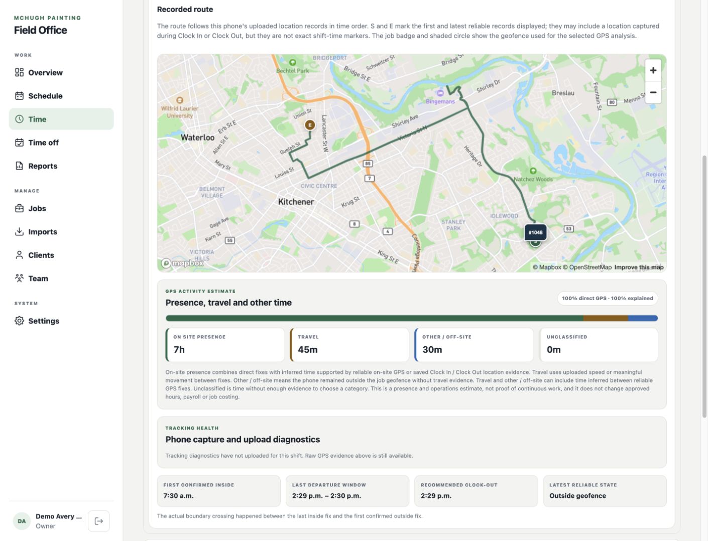 Actual Field Office Time showing a road-following GPS route and activity estimate, seven hours on site, forty-five minutes of travel, thirty minutes of other off-site time and arrival and departure evidence.